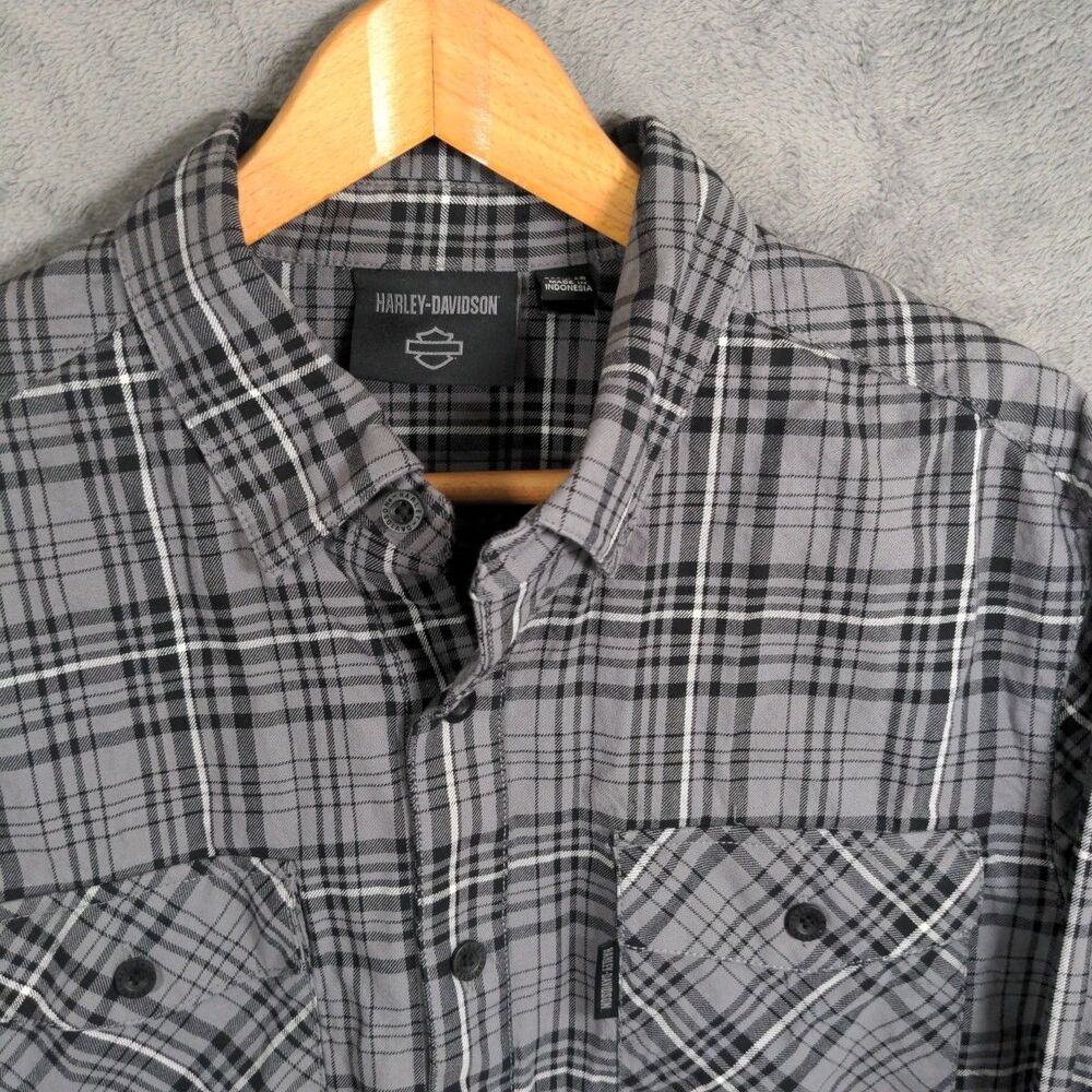 Harley Davidson Flannel Shirt Mens L Black Gray Plaid Moto Biker Grunge Indie